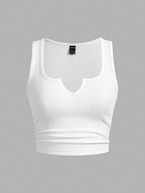 Slaydiva Plus Size Solid Color Notch Neck Fitted Tank Top, Casual Minimalist Suitable For Summer