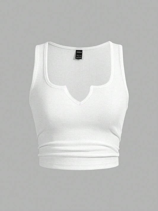 Slaydiva Plus Size Solid Color Notch Neck Fitted Tank Top, Casual Minimalist Suitable For Summer