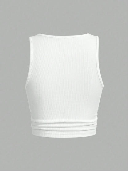 Slaydiva Plus Size Solid Color Notch Neck Fitted Tank Top, Casual Minimalist Suitable For Summer