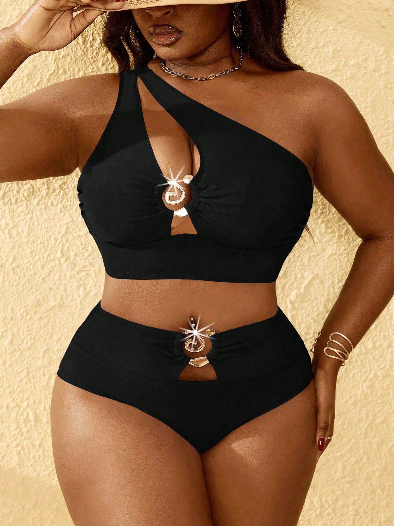 Slaydiva Plus Size Women 2pcs Set One Shoulder Hollow High Waist Tankini Swimwear, Summer Beach Vacation