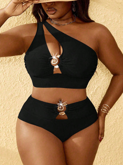 Slaydiva Plus Size Women 2pcs Set One Shoulder Hollow High Waist Tankini Swimwear, Summer Beach Vacation