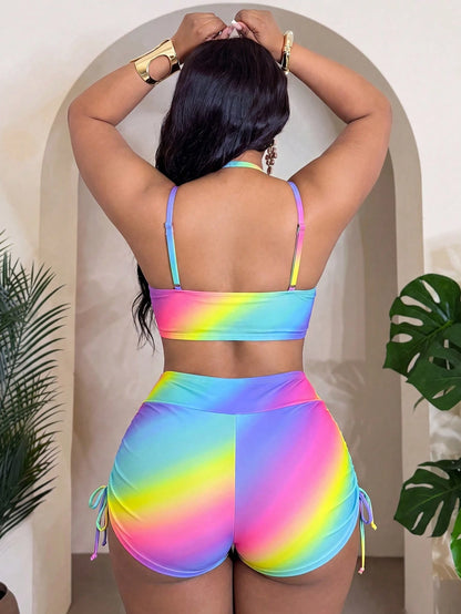 Slaydiva Plus Size Women 2pcs/Set Random Ombre Print Casual Beach/Pool Swimwear Set
