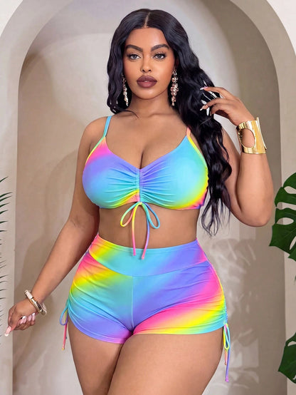 Slaydiva Plus Size Women 2pcs/Set Random Ombre Print Casual Beach/Pool Swimwear Set