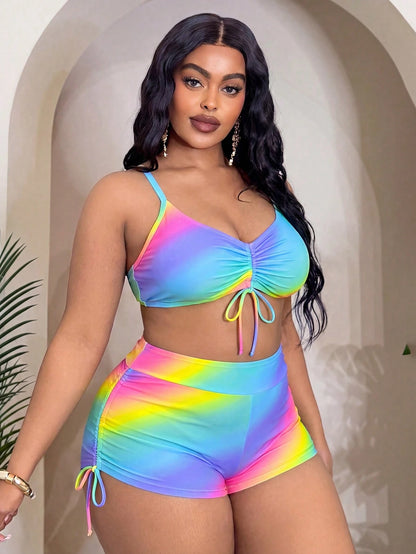Slaydiva Plus Size Women 2pcs/Set Random Ombre Print Casual Beach/Pool Swimwear Set