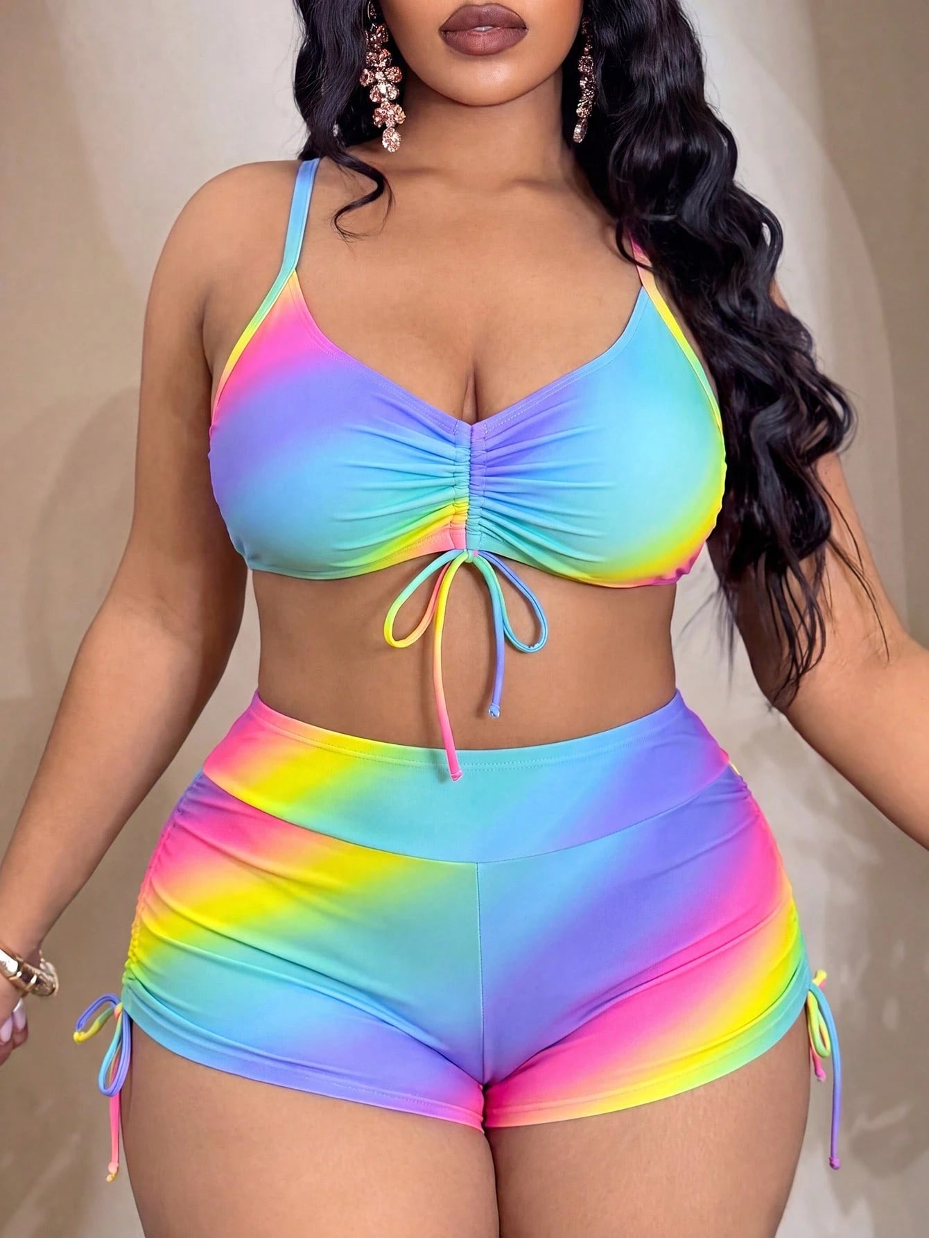 Slaydiva Plus Size Women 2pcs/Set Random Ombre Print Casual Beach/Pool Swimwear Set