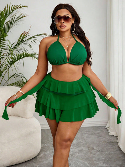 Slaydiva Plus Size Women Beach Holiday Solid Color Halter Top With Multi-Layer Ruffle Pants 2 Pieces Swimwear Green 2 Pieces Set Vacation