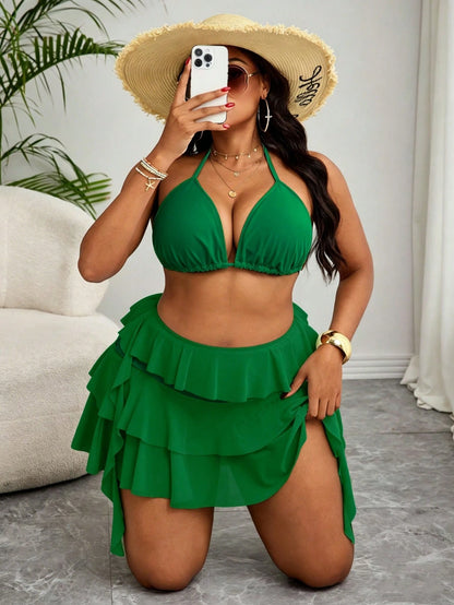 Slaydiva Plus Size Women Beach Holiday Solid Color Halter Top With Multi-Layer Ruffle Pants 2 Pieces Swimwear Green 2 Pieces Set Vacation