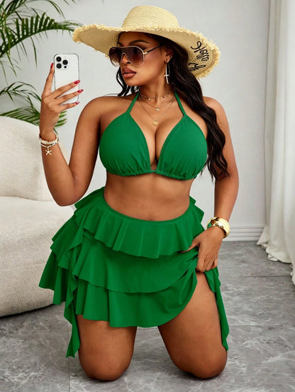 Slaydiva Plus Size Women Beach Holiday Solid Color Halter Top With Multi-Layer Ruffle Pants 2 Pieces Swimwear Green 2 Pieces Set Vacation