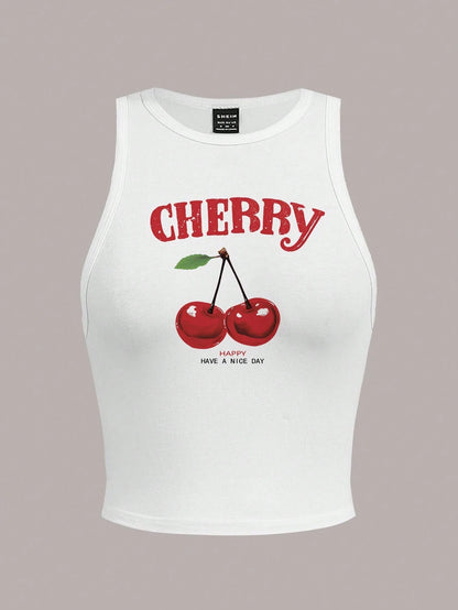 Slaydiva Plus Size Women Casual Cherry Letter Print Tank Top, Suitable For Summer