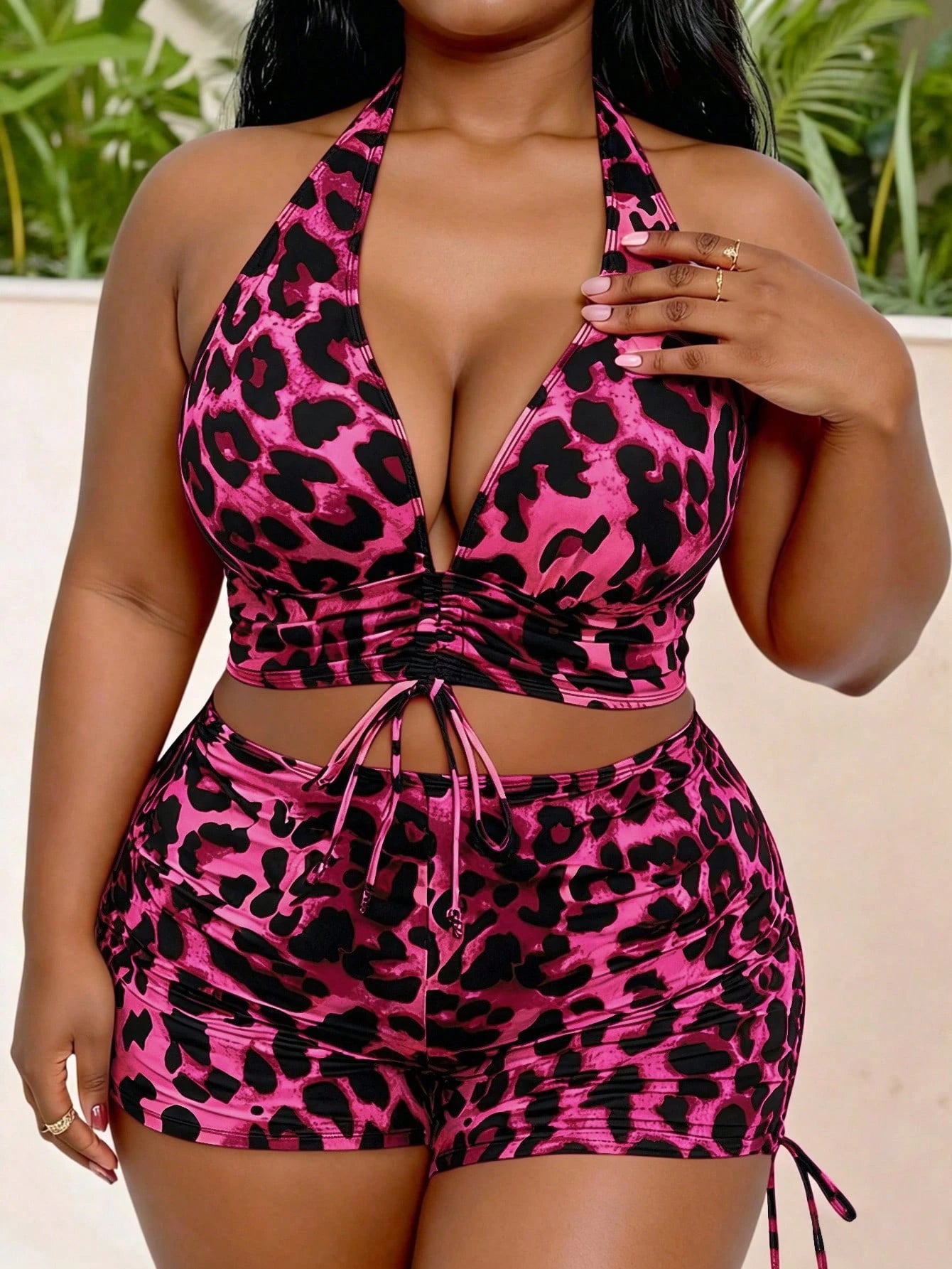 Slaydiva Plus Size Women Leopard Print Random Pattern Deep V Neck Drawstring Ruched Halter Top Paired With High Waist Drawstring Shorts Summer Beach Black Sexy