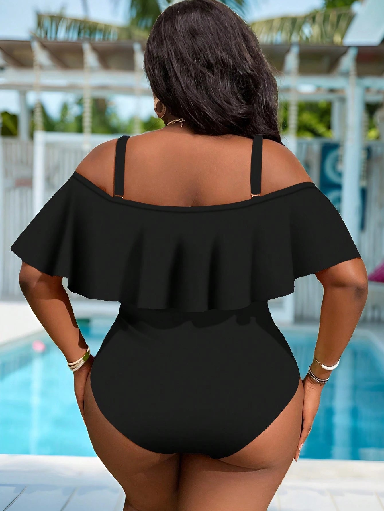 Slaydiva Plus Size Women One-Piece Ruffle Cold Shoulder Ruched Side Swimsuit, Summer Beach