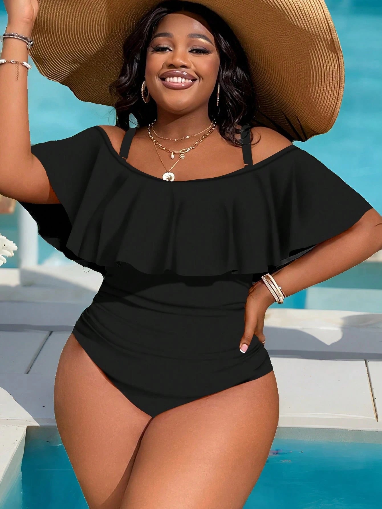 Slaydiva Plus Size Women One-Piece Ruffle Cold Shoulder Ruched Side Swimsuit, Summer Beach