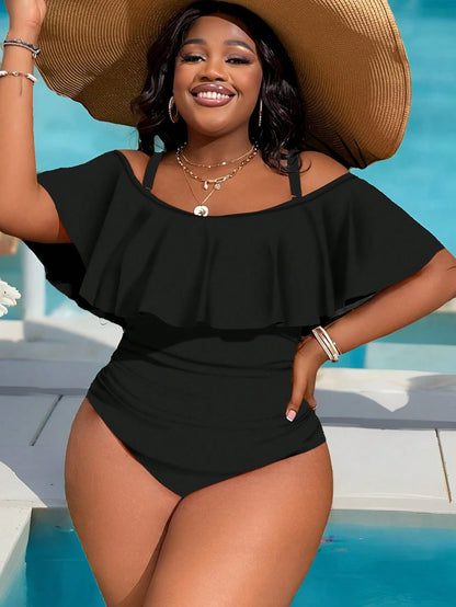 Slaydiva Plus Size Women One-Piece Ruffle Cold Shoulder Ruched Side Swimsuit, Summer Beach