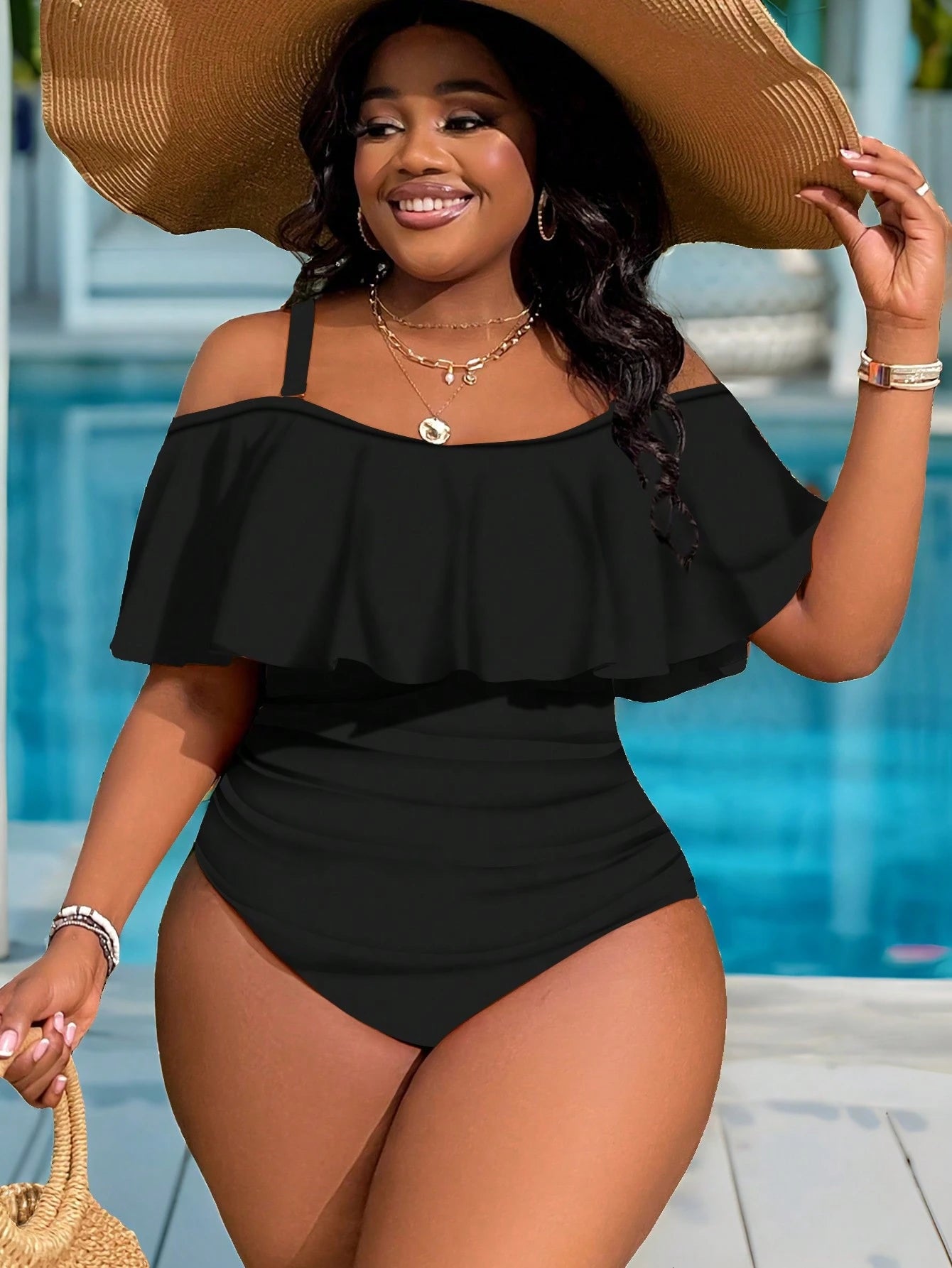 Slaydiva Plus Size Women One-Piece Ruffle Cold Shoulder Ruched Side Swimsuit, Summer Beach