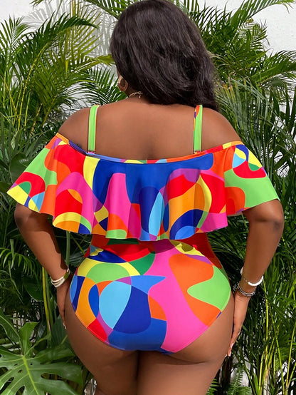 Slaydiva Plus Size Women One-Piece Ruffle Cold Shoulder Ruched Side Swimsuit, Summer Beach