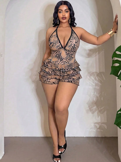 Slaydiva Plus Size Women's 1 Piece Random Leopard Print Elegant Ruffled Casual One-Piece Swimsuit