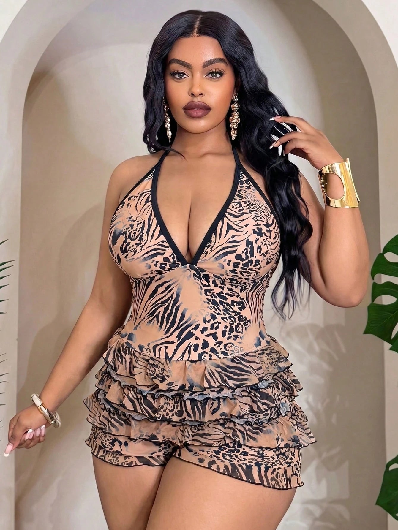 Slaydiva Plus Size Women's 1 Piece Random Leopard Print Elegant Ruffled Casual One-Piece Swimsuit