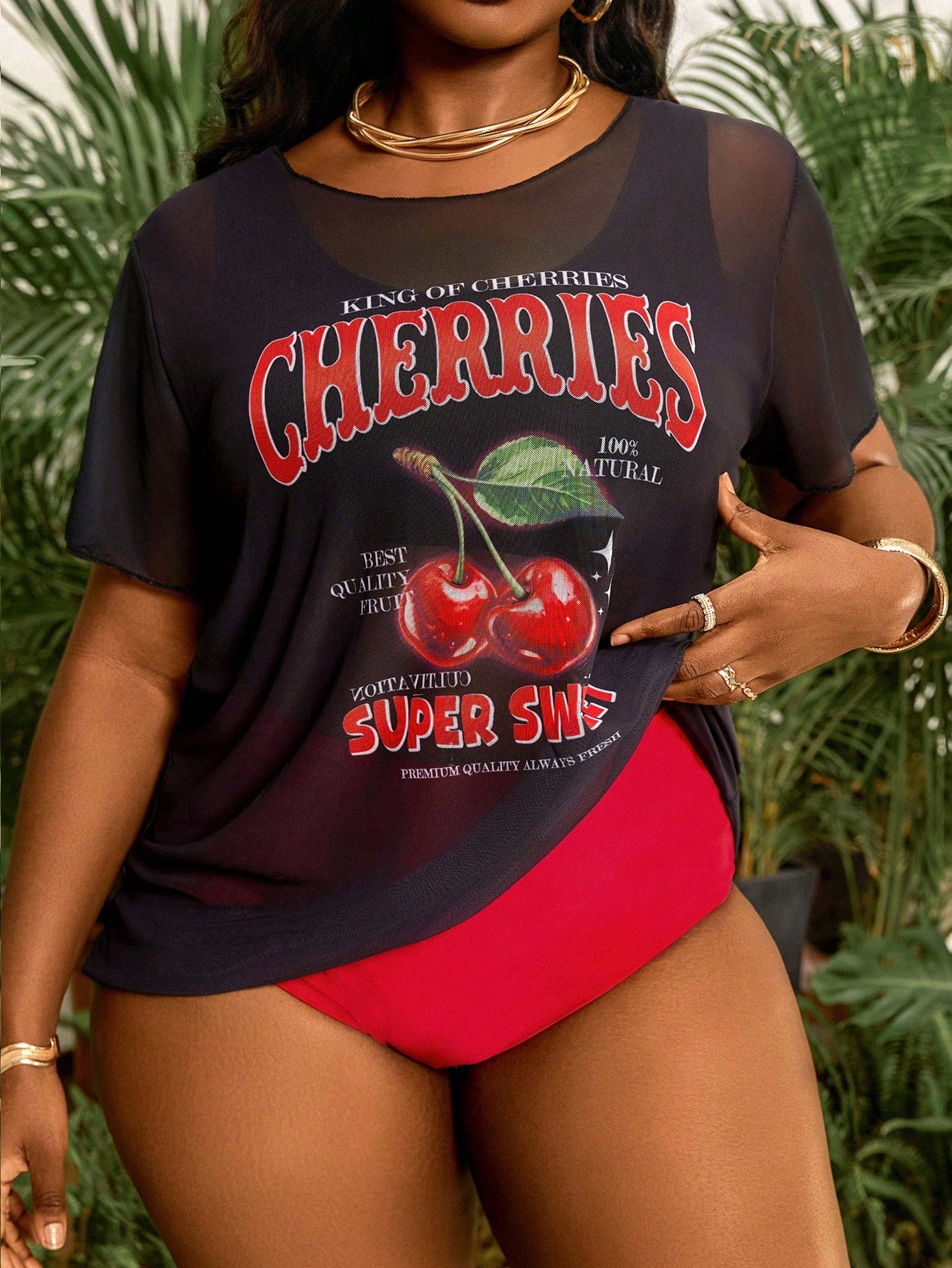 Slaydiva Plus-Size Women's 3-Piece Set,Cherry Print Mesh Cover-Up,Black Double-Strap Top,Red High-Waisted Pants,Kawaii,Holiday,Summer,Beach Vacation Outfit