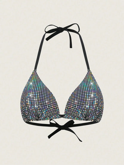Slaydiva Plus Size Women's Halter Neck Sequin Fabric Bikini Top