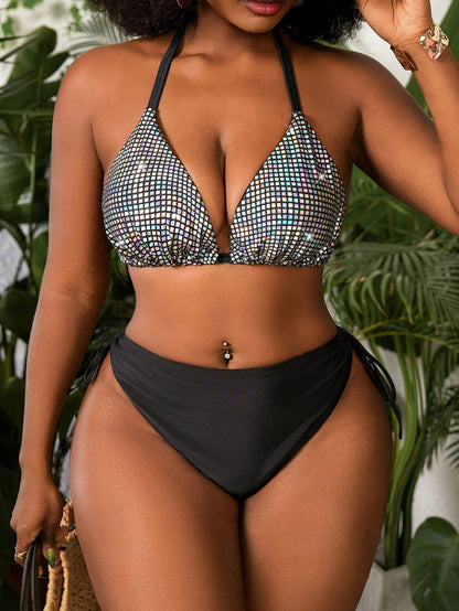 Slaydiva Plus Size Women's Halter Neck Sequin Fabric Bikini Top