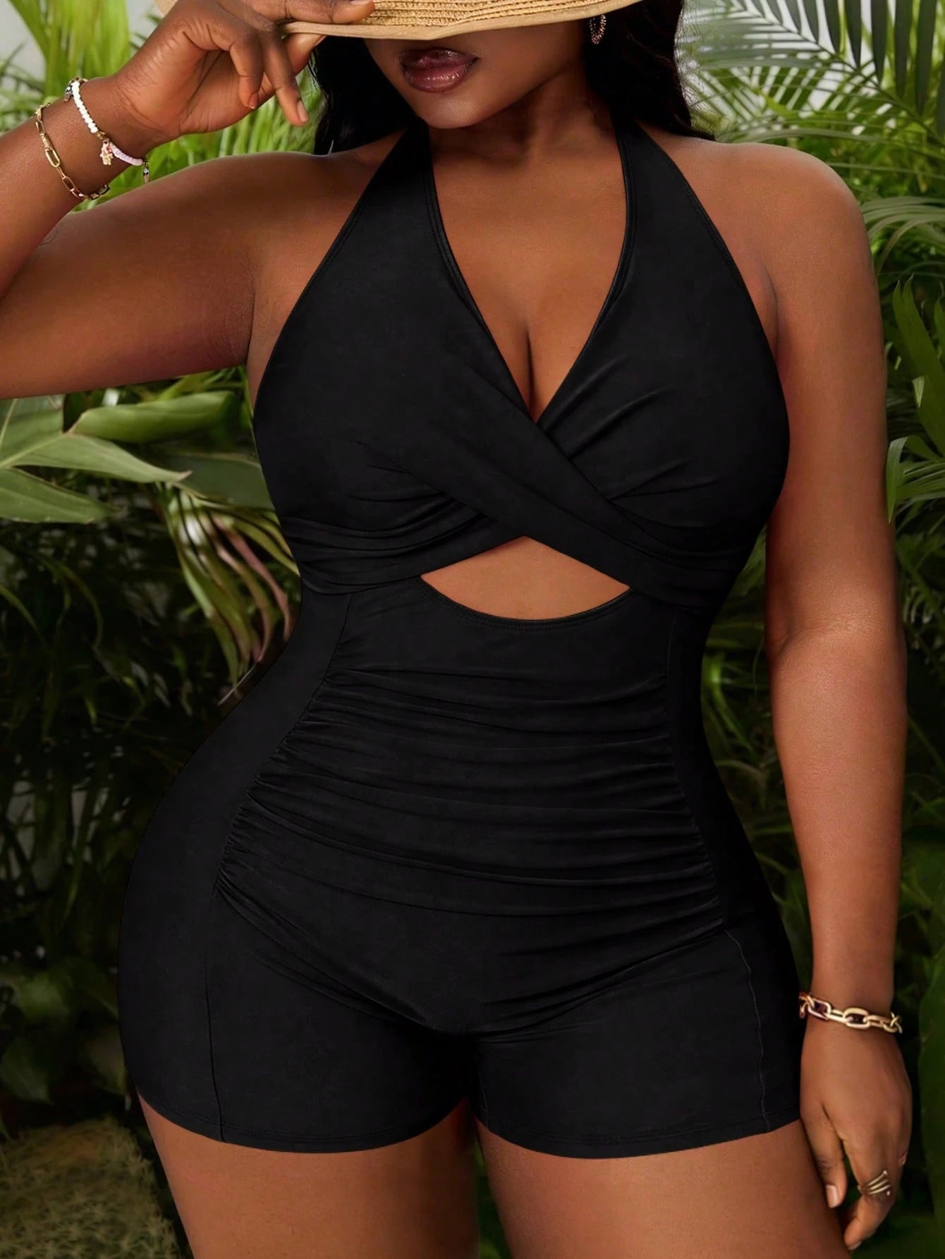 Slaydiva Plus Size Women's Hot Pink One-Piece Swimsuit, Deep V Neck Hollow Out Ruched Curve Bathing Suit,Summer Beach Vacation Holiday Fuchsia Swimwear
