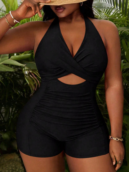 Slaydiva Plus Size Women's Hot Pink One-Piece Swimsuit, Deep V Neck Hollow Out Ruched Curve Bathing Suit,Summer Beach Vacation Holiday Fuchsia Swimwear