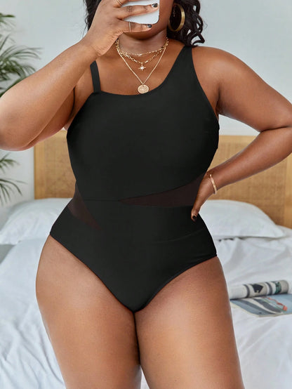 Slaydiva Summer Beach Plus Contrast Mesh Insert Asymmetrical Neck One Piece Swimsuit