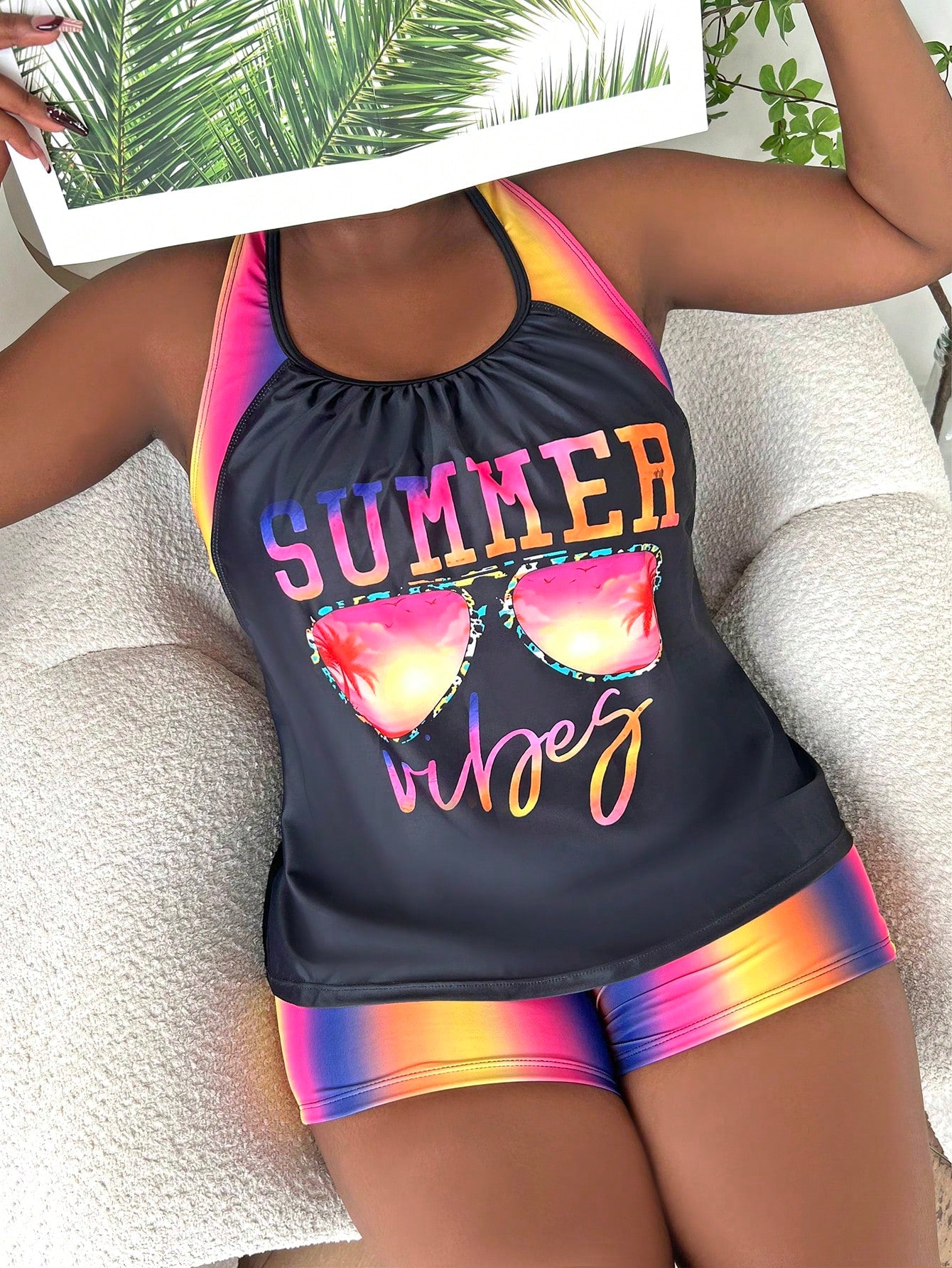 Slaydiva Summer Beach Plus Size Letter Graphic Tankini