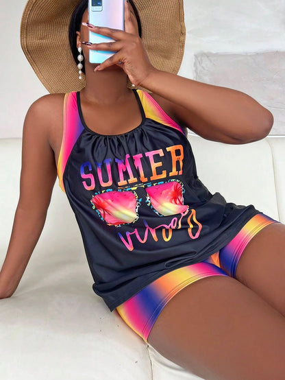 Slaydiva Summer Beach Plus Size Letter Graphic Tankini
