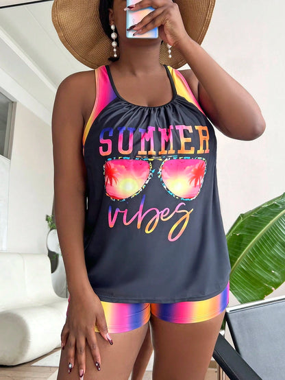 Slaydiva Summer Beach Plus Size Letter Graphic Tankini