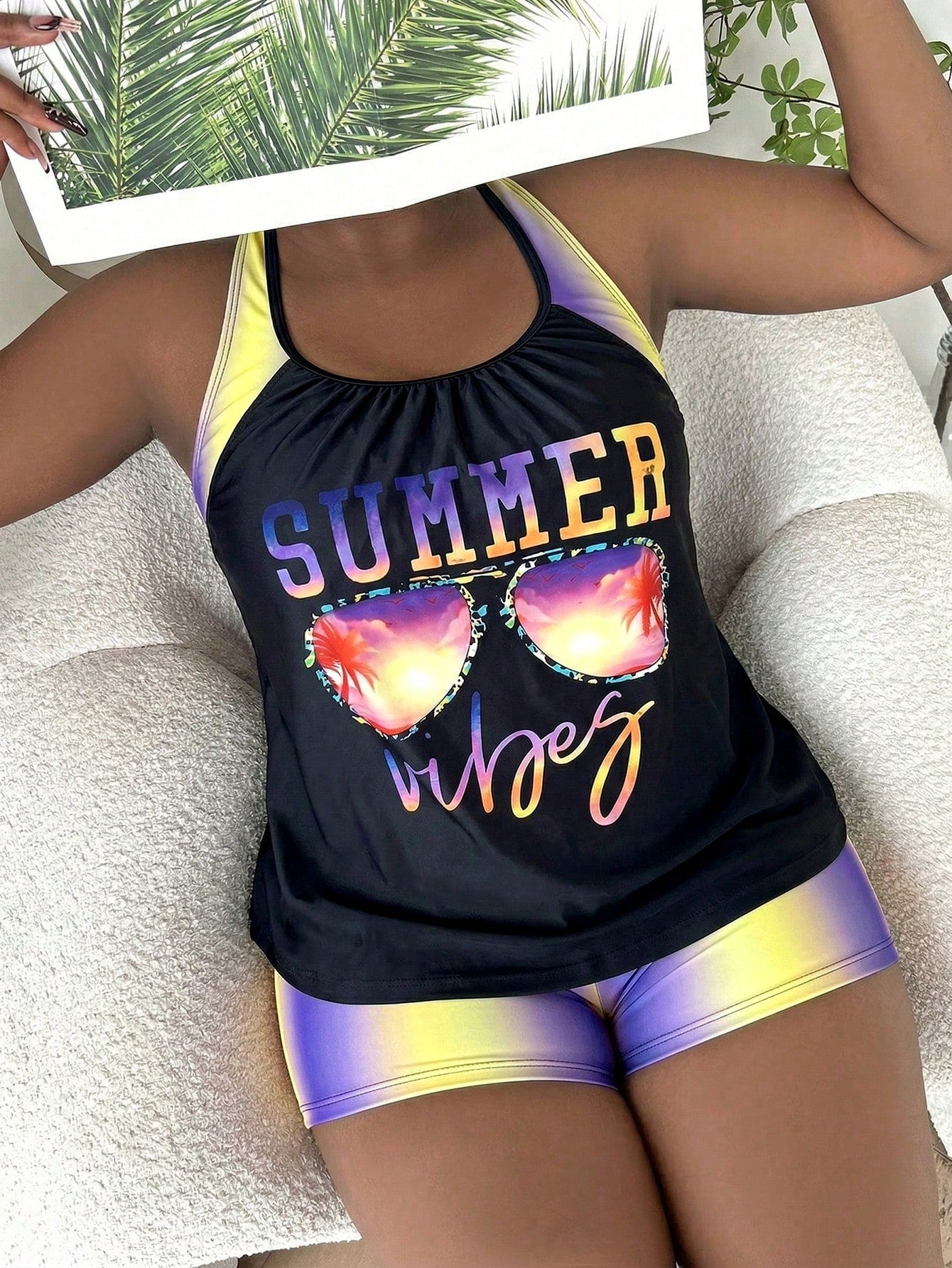 Slaydiva Summer Beach Plus Size Letter Graphic Tankini
