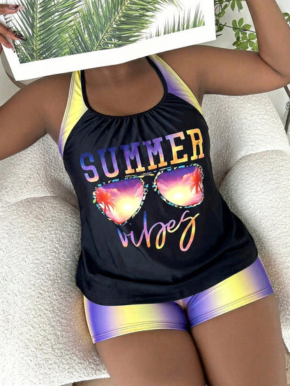Slaydiva Summer Beach Plus Size Letter Graphic Tankini