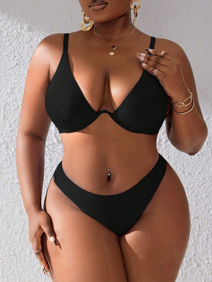 Slaydiva Summer Beach Plus Size Solid Color Bikini Set With Underwire