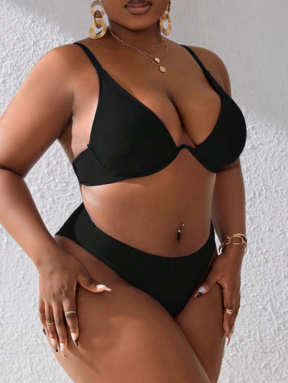 Slaydiva Summer Beach Plus Size Solid Color Bikini Set With Underwire