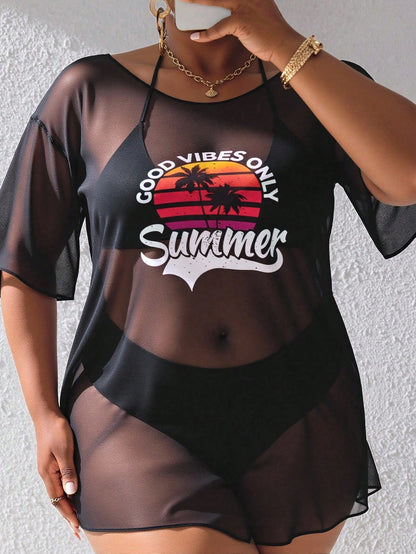 Slaydiva Summer Beach Plus Tropical & Letter Graphic Drop Shoulder Mesh Cover Up Dress Without Bikini Set