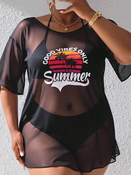 Slaydiva Summer Beach Plus Tropical & Letter Graphic Drop Shoulder Mesh Cover Up Dress Without Bikini Set