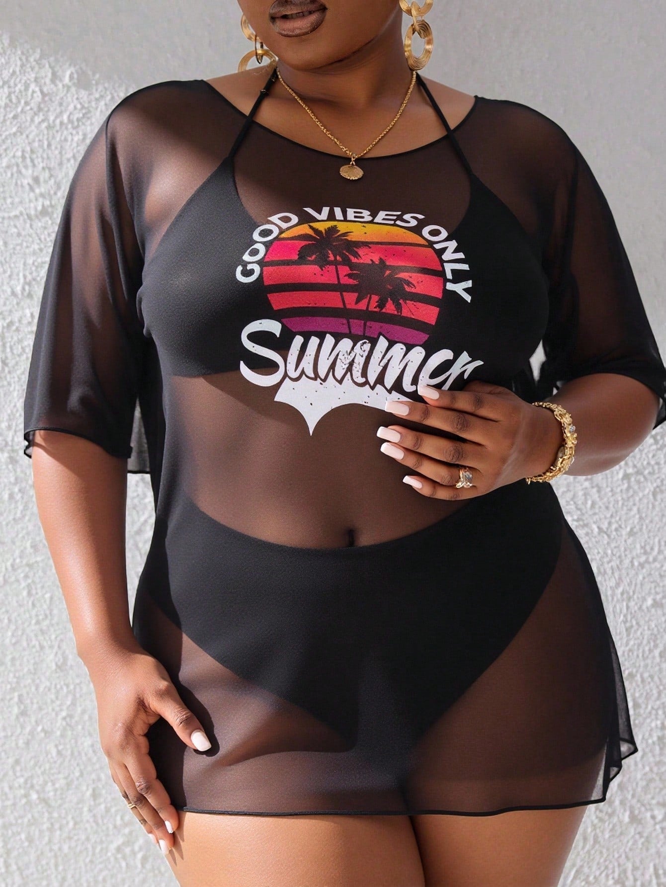 Slaydiva Summer Beach Plus Tropical & Letter Graphic Drop Shoulder Mesh Cover Up Dress Without Bikini Set