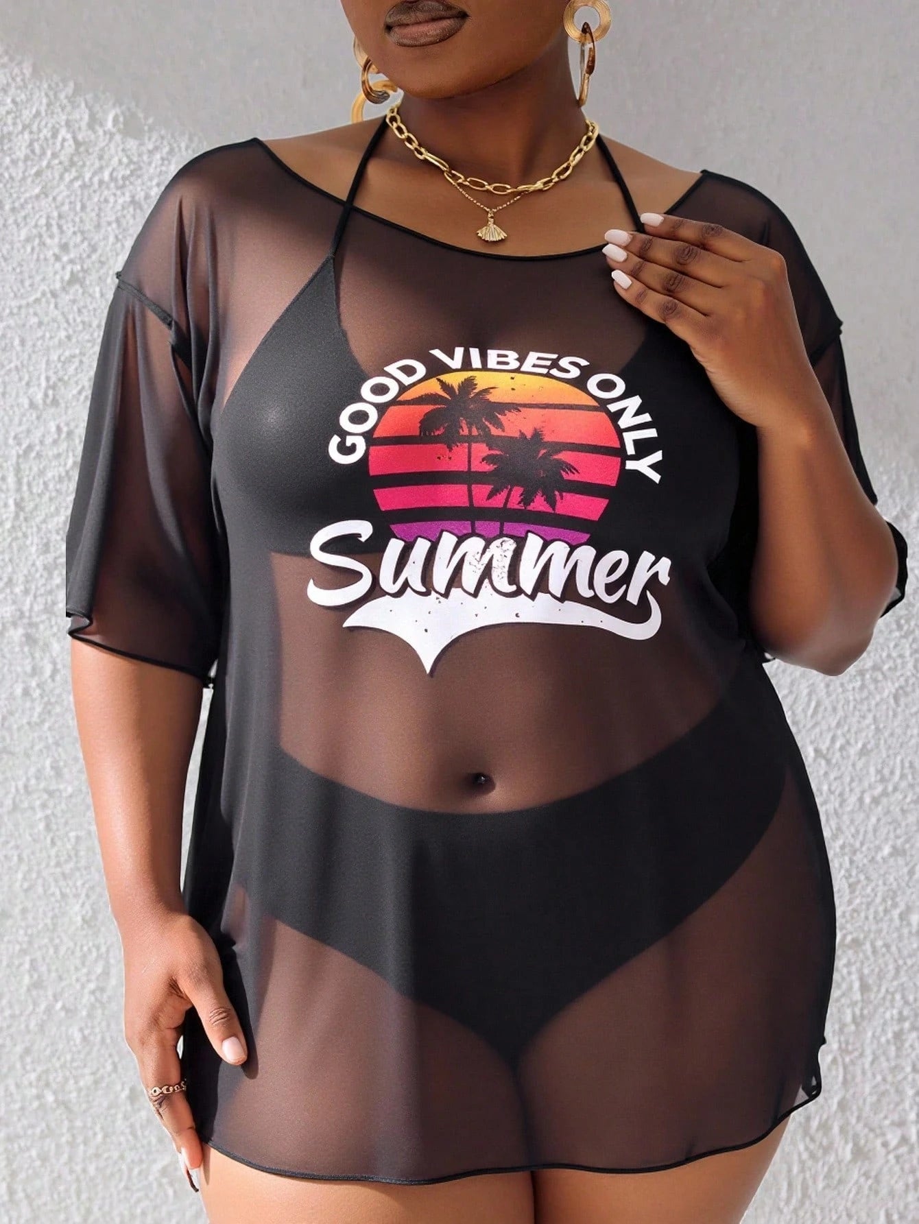 Slaydiva Summer Beach Plus Tropical & Letter Graphic Drop Shoulder Mesh Cover Up Dress Without Bikini Set
