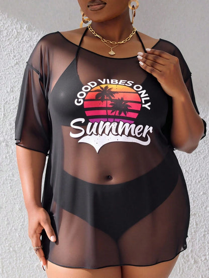 Slaydiva Summer Beach Plus Tropical & Letter Graphic Drop Shoulder Mesh Cover Up Dress Without Bikini Set
