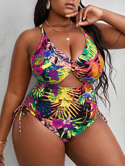 Slaydiva Summer Beach Plus Tropical Print Cut Out Crisscross Tie Back Drawstring One Piece Swimsuit