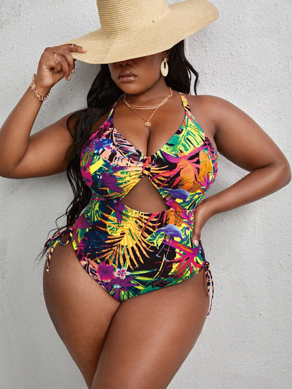 Slaydiva Summer Beach Plus Tropical Print Cut Out Crisscross Tie Back Drawstring One Piece Swimsuit