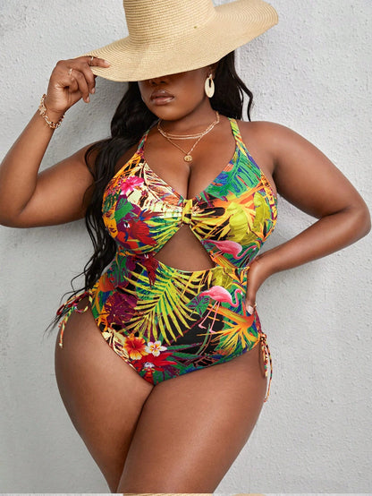 Slaydiva Summer Beach Plus Tropical Print Cut Out Crisscross Tie Back Drawstring One Piece Swimsuit