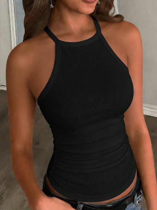 Slaydiva Women's Black Summer Basic Ribbed Tank Top,Casual Crew Neck Racer Back Off-Shoulder Vest For Night Out,Parties,Sports & Yoga,Boho Beach Outfits