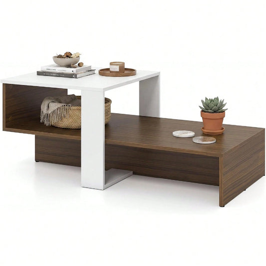 Small Coffee Table With Storage, 31.5" Wood Unique Center Table With 2-Tier Shelf, Low Accent Cocktail Tea Table, Mid Century Modern Coffee Table For Living Room, Small Spaces, Walnut & White