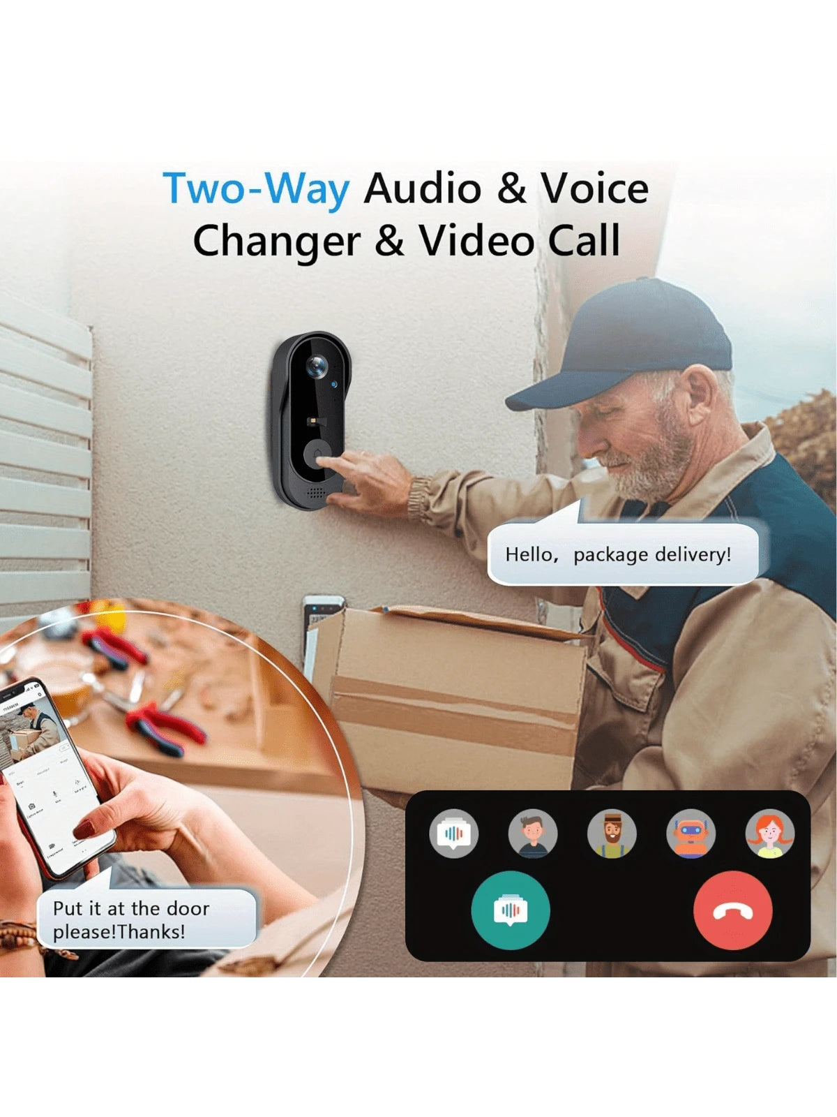 Smart Wireless Video Doorbell Camera, Supports Night Vision, Real-Time Alerts, Voice Changer, Photo/Video Capture, And Two-Way Audio