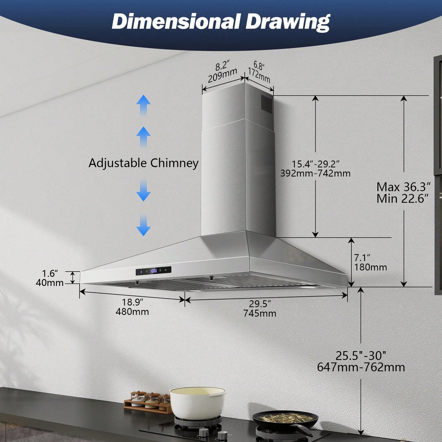 SNDOAS Range Hood 30 Inches,Stainless Steel Wall Mount Range Hood,Vent Hood 30 Inch W/Touch Control,Ducted/Ductless Convertible,Chimney-Style Over Stove Vent Hood,Kitchen Hood,Baffle Filters