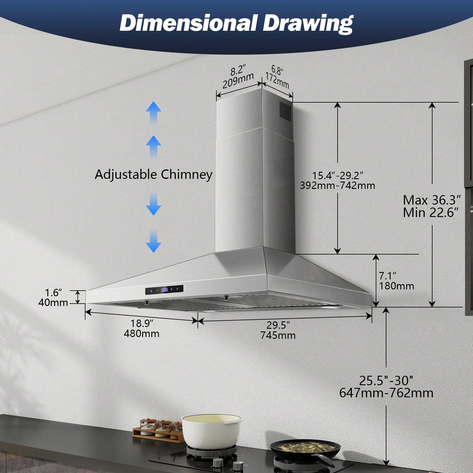 SNDOAS Range Hood 30 Inches,Stainless Steel Wall Mount Range Hood,Vent Hood 30 Inch W/Touch Control,Ducted/Ductless Convertible,Chimney-Style Over Stove Vent Hood,Kitchen Hood,Baffle Filters