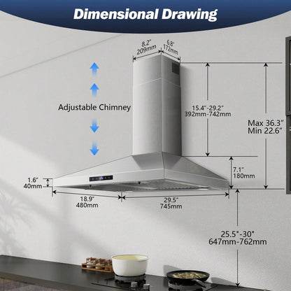 SNDOAS Range Hood 30 Inches,Stainless Steel Wall Mount Range Hood,Vent Hood 30 Inch W/Touch Control,Ducted/Ductless Convertible,Chimney-Style Over Stove Vent Hood,Kitchen Hood,Baffle Filters
