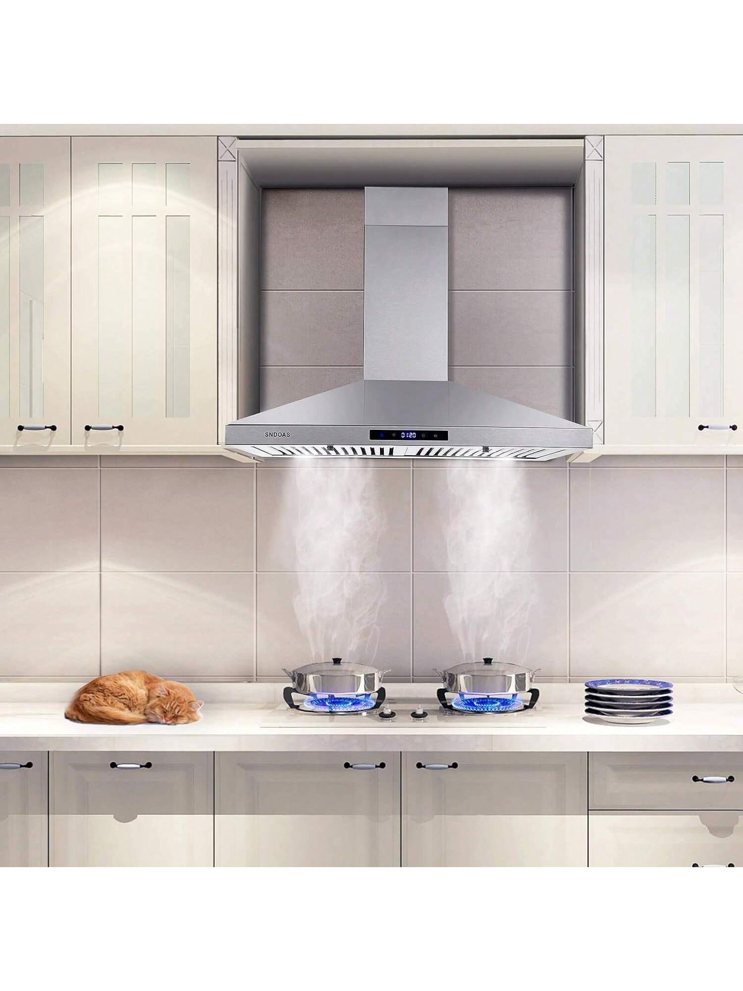 SNDOAS Range Hood 30 Inches,Stainless Steel Wall Mount Range Hood,Vent Hood 30 Inch W/Touch Control,Ducted/Ductless Convertible,Chimney-Style Over Stove Vent Hood,Kitchen Hood,Baffle Filters