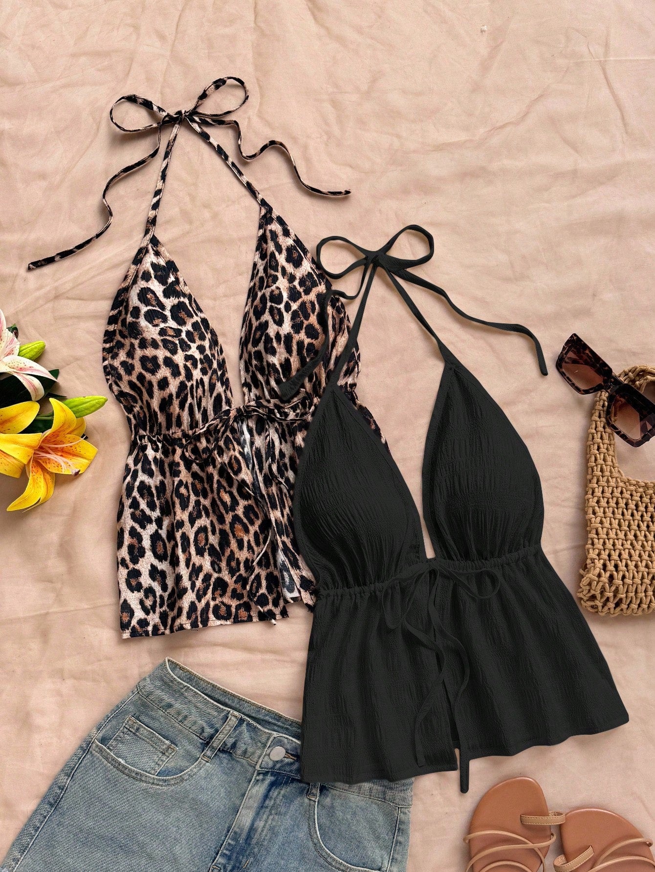 Soleia 2pcs Leopard Print & Black Halter V-Neck Backless Textured Camisole Boho Beach Holiday,Music Festival Bohemian Tops No Chest Padding